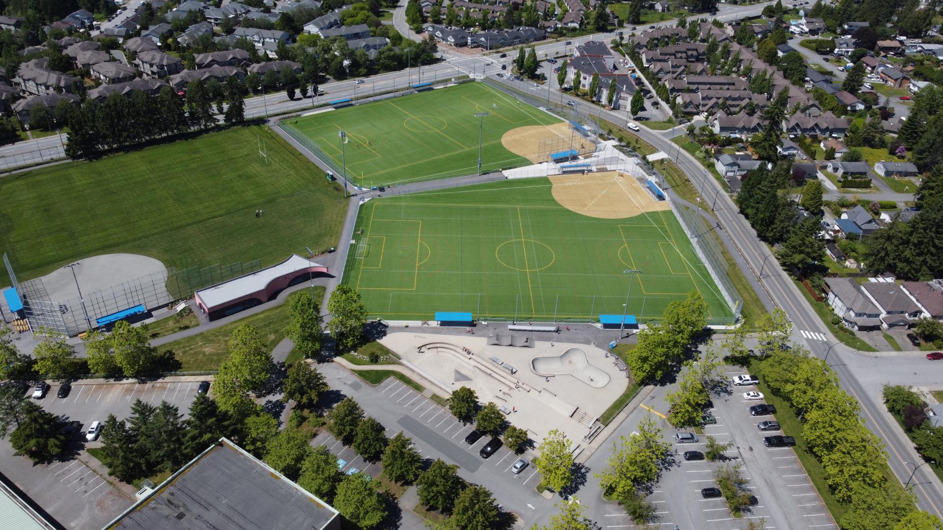 Birds eye view of sports fields and skate park